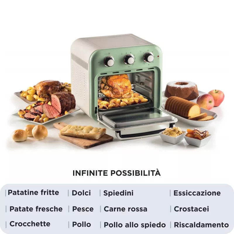 Ariete 4632 Oro gruzdintuvė ir orkaitė Vintage, 1400W, 2viename, Talpa 16L, Priedai, Laikmatis 60 min., Dvigubas stiklas, Žalia