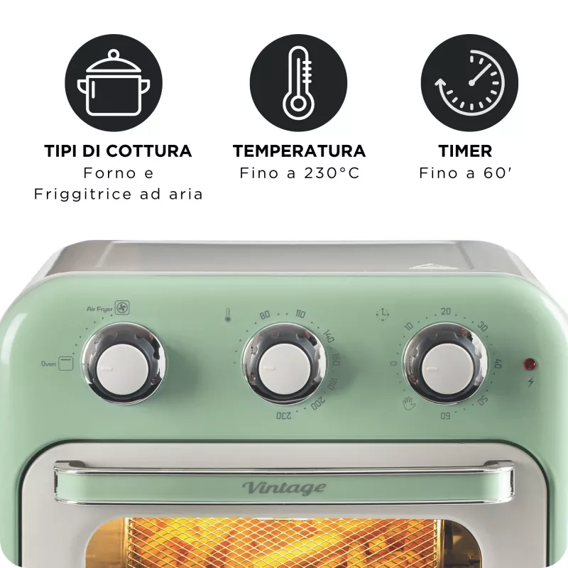 Ariete 4632 Oro gruzdintuvė ir orkaitė Vintage, 1400W, 2viename, Talpa 16L, Priedai, Laikmatis 60 min., Dvigubas stiklas, Žalia