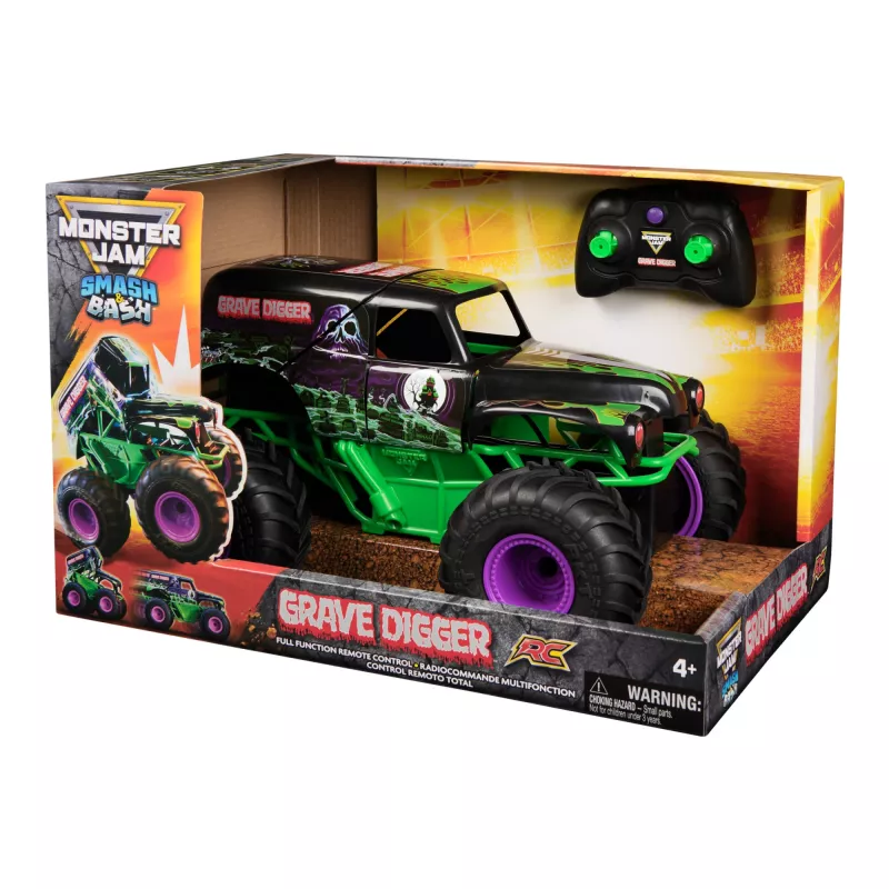 Monster Jam oficialus Smash & Bash Grave Digger nuotoliniu valdymu 1:15 skalės remontuojamas monstrų sunkvežimis, tinkamas naudoti lauke ir viduje, žaislas berniukams ir mergaitėms nuo 4 metų