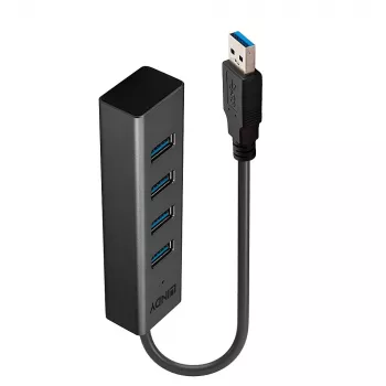 Lindy 4 prievadų USB 3.0 šakotuvas, USB 3.2 Gen 1 (3.1 Gen 1) Type-A, juodas, aliuminis, plastikas, 0,3 m
