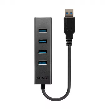 Lindy 4 prievadų USB 3.0 šakotuvas, USB 3.2 Gen 1 (3.1 Gen 1) Type-A, juodas, aliuminis, plastikas, 0,3 m