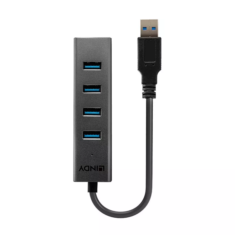 Lindy 43324 USB 3.0 šakotuvas su 4 lizdais, USB 3.2 Gen 1 Type-A, 5 Gbit/s, įmontuotas laidas, aliuminis/plastikas, juodas