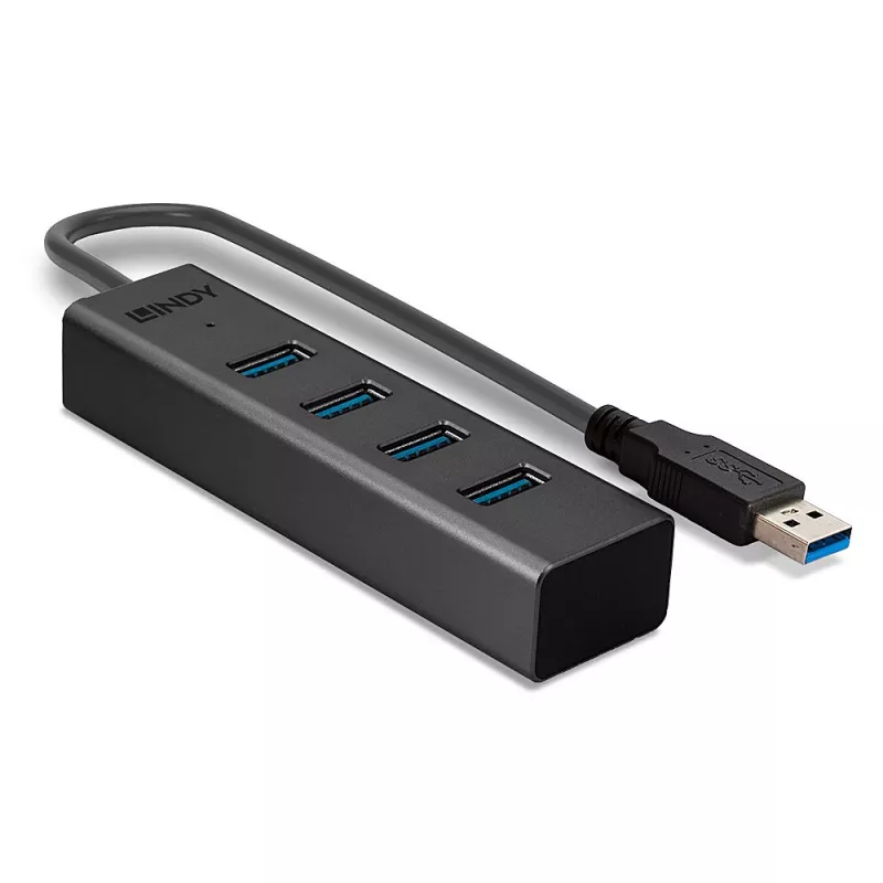 Lindy 43324 USB 3.0 šakotuvas su 4 lizdais, USB 3.2 Gen 1 Type-A, 5 Gbit/s, įmontuotas laidas, aliuminis/plastikas, juodas