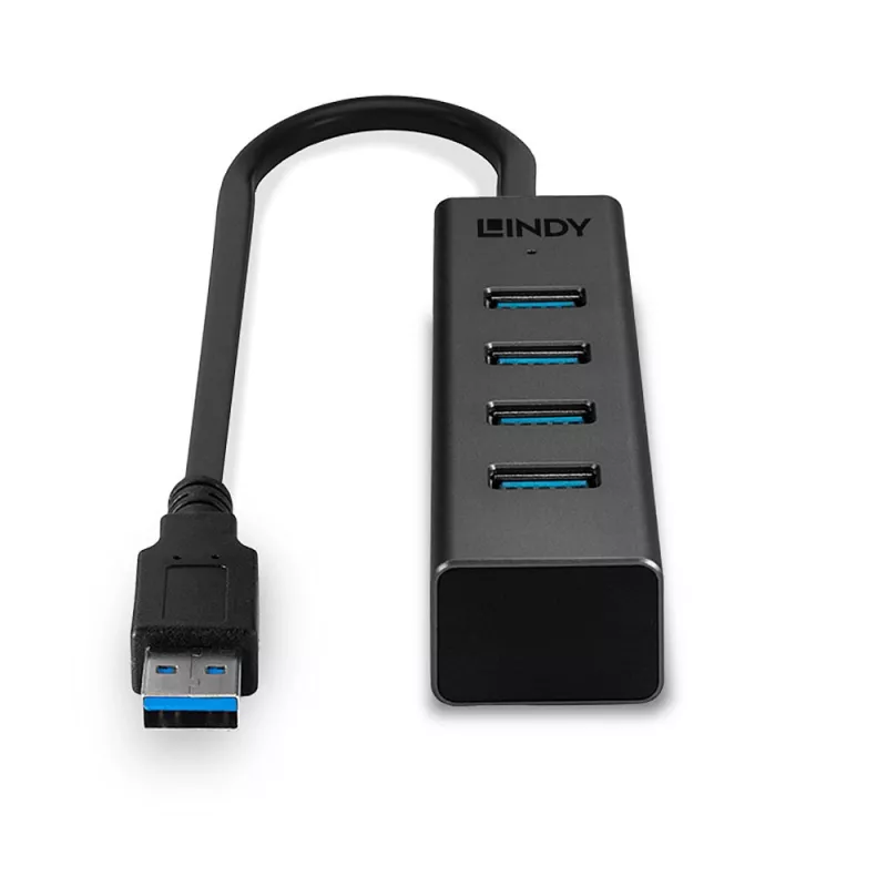 Lindy 43324 USB 3.0 šakotuvas su 4 lizdais, USB 3.2 Gen 1 Type-A, 5 Gbit/s, įmontuotas laidas, aliuminis/plastikas, juodas
