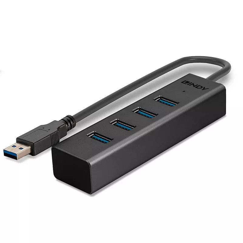 Lindy 43324 USB 3.0 šakotuvas su 4 lizdais, USB 3.2 Gen 1 Type-A, 5 Gbit/s, įmontuotas laidas, aliuminis/plastikas, juodas