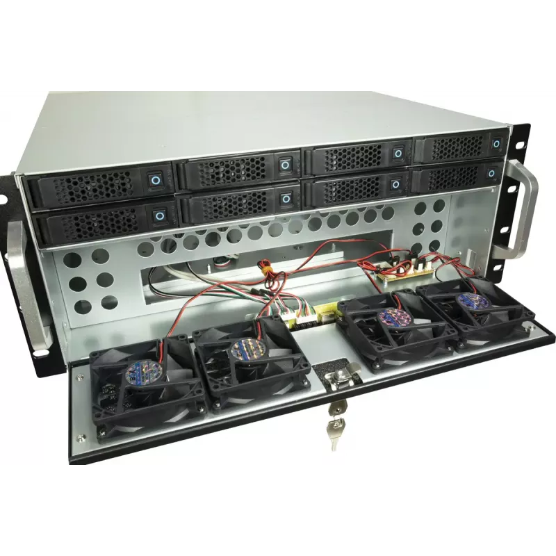 Serverio korpusas INTER-TECH IPC 4U-4708 — 4U, juodas, tinka ATX/PS2 maitinimo šaltiniui, 4x priekiniai 80mm, 2x galiniai 80mm, 2.5/3.5 colio HDD