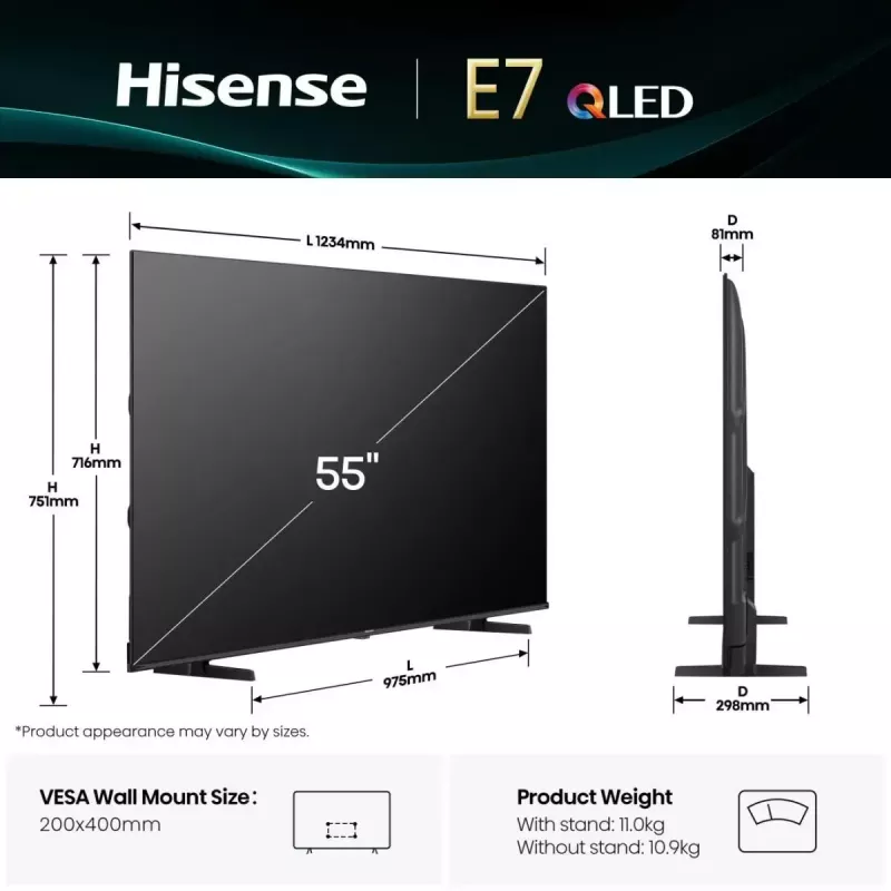 Hisense 55E77Q 139,7 cm (55 colių) 4K Ultra HD išmanusis televizorius QLED Wi-Fi juodas
