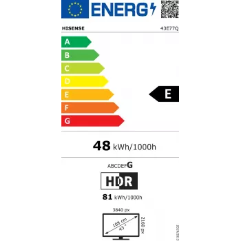 Hisense 43E77Q 109,2 cm (43 colių) 4K Ultra HD QLED išmanusis televizorius, Wi-Fi, juodas