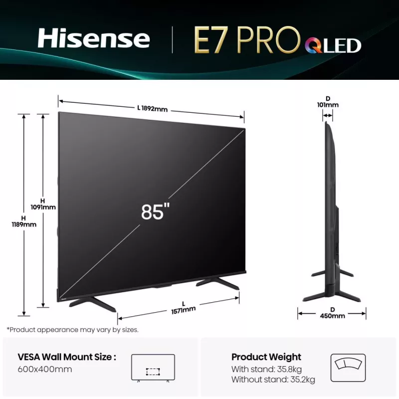 Hisense 85E77Q PRO 2.16 m (85 colių) 4K Ultra HD QLED išmanusis televizorius, Wi-Fi, juodas