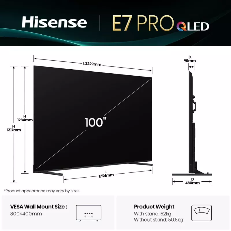 Hisense 100E7Q PRO 2,54 m (100 colių) 4K Ultra HD QLED Smart TV Wi-Fi Juoda