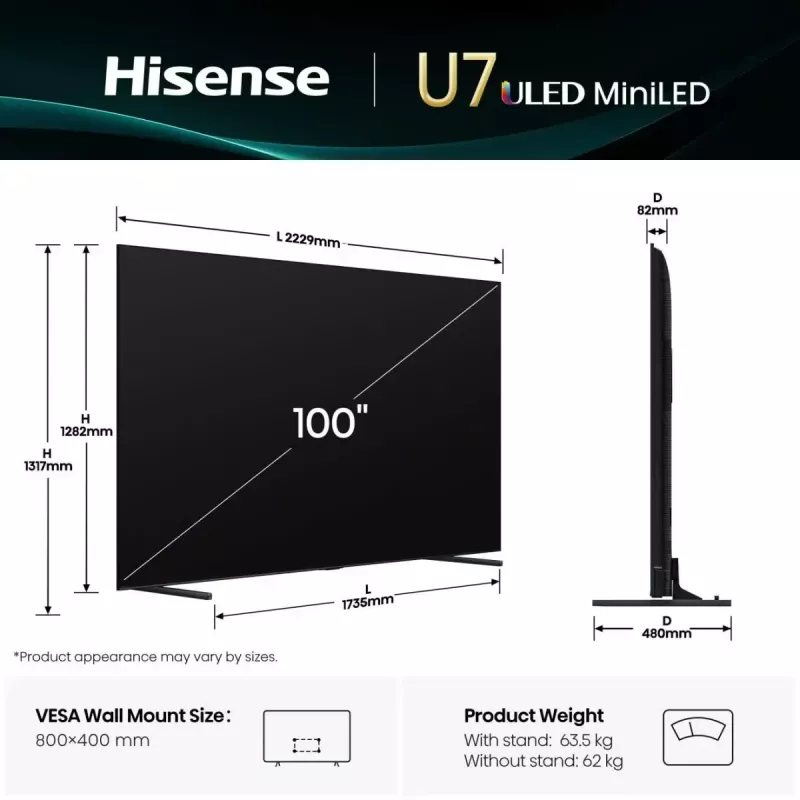 Hisense 100U7Q 2,54 m (100 colių) 4K Ultra HD išmanusis televizorius Wi-Fi juodas
