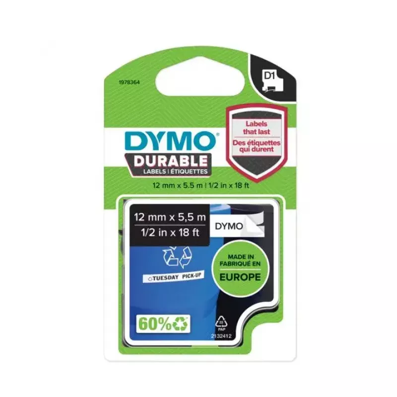 DYMO D1 Durable lipdukai | Juodas šriftas ant baltos juostos | 12 mm x 5,5 m | Patvarūs lipdukai skirti LabelManager žymekliams