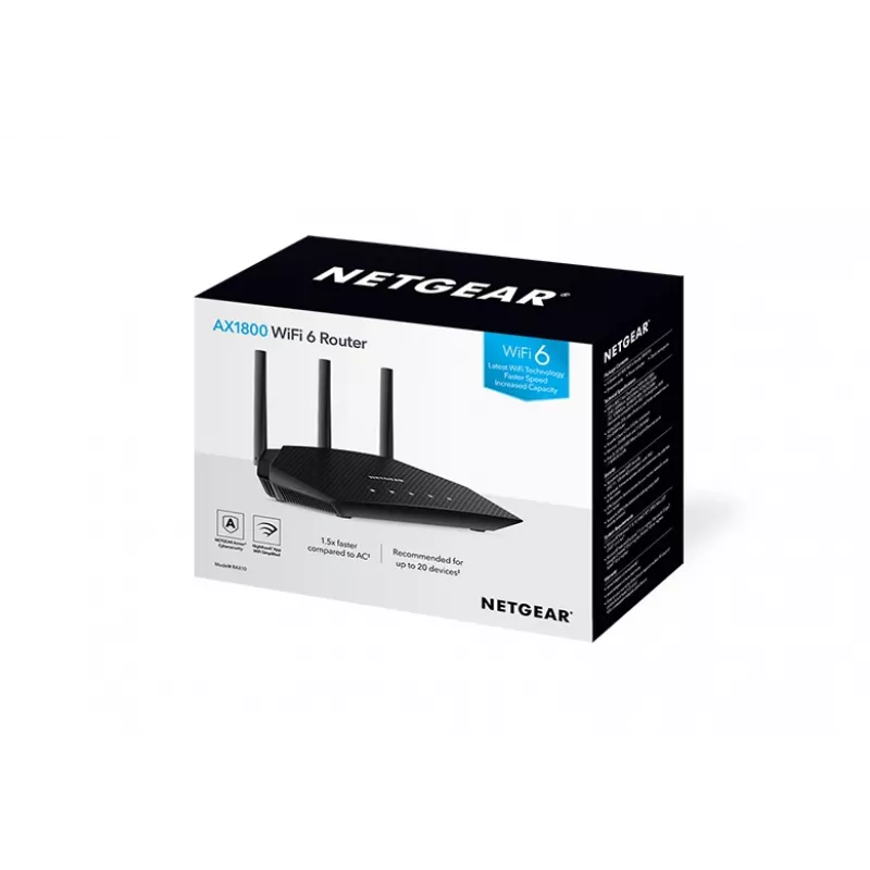 NETGEAR Nighthawk 4-Stream AX1800 WiFi 6 maršrutizatorius (RAX10) belaidis maršrutizatorius Gigabit Ethernet Dviejų juostų (2,4 GHz / 5 GHz) Juodas