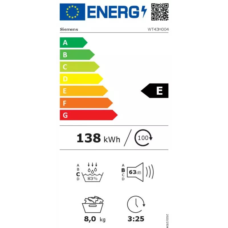 Siemens iQ300 WT43H004 džiovinimo mašina Laisvai pastatoma Pakrovimas iš priekio 8 kg Balta