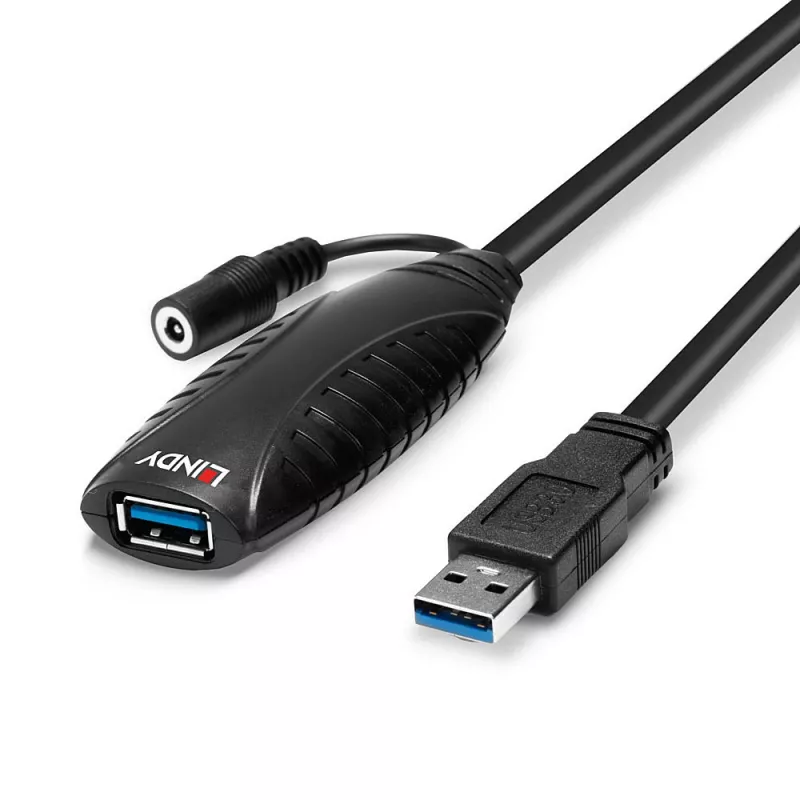 Lindy 43156 USB 3.0 aktyvus pailginimo kabelis, USB-A kištukas – USB-A lizdas, 10 m, USB 3.2 Gen 1, 5 Gbit/s, juodos spalvos
