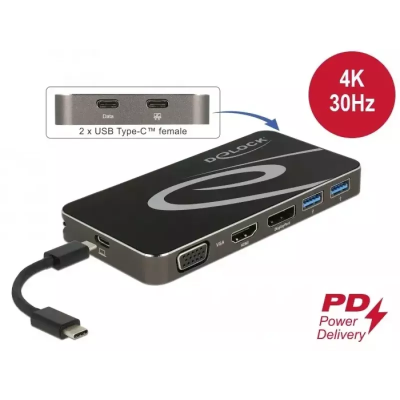 Docking stotelė DeLOCK USB Type-C 3.2 4K HDMI DP 1080p VGA USB Hub PD 3.0
