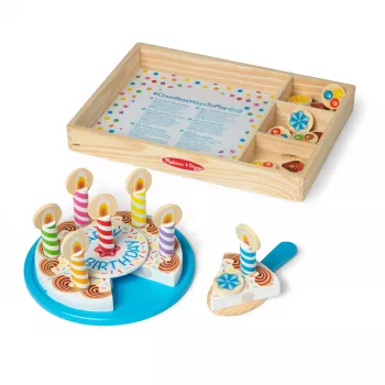 Melissa & Doug gimtadienio tortas – medinė žaidimų pica su keičiamais papuošimais ir 7 žvakėmis