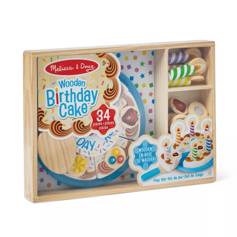 Melissa & Doug gimtadienio tortas – medinė žaidimų pica su keičiamais papuošimais ir 7 žvakėmis