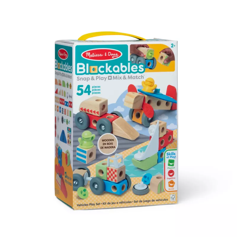 Medinis statomų transporto priemonių rinkinys Melissa & Doug Blockables, 54 dalių, jungiamas, FSC sertifikuotas