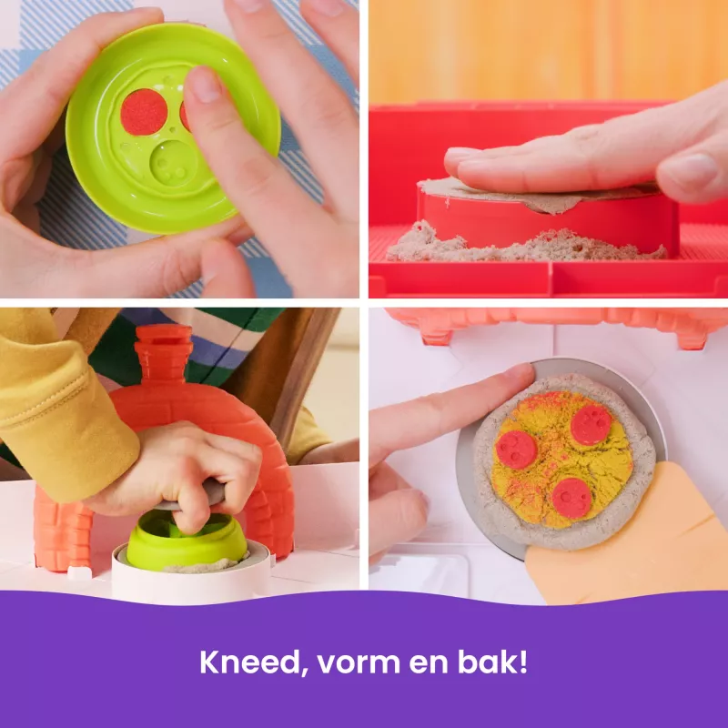 Kinetic Sand SquishPizza kylantis picos orkaitės žaidimų rinkinys, kūrybinė Velykų dovana, 1 svaras formuojamo smėlio ir 5 įrankiai