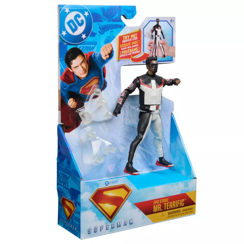 DC Comics SUPERMAN Mr. Terrific Epic Strike veiksmo figūrėlė, 15 cm, autentiškas filmo stilius, 2 aksesuarai, žaislai vaikams nuo 4 metų