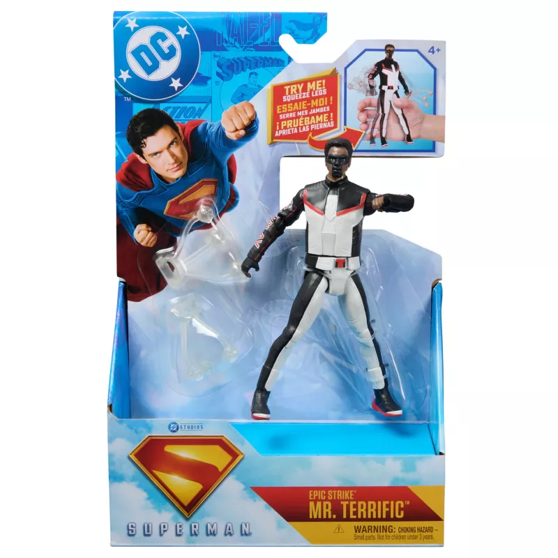 DC Comics SUPERMAN Mr. Terrific Epic Strike veiksmo figūrėlė, 15 cm, autentiškas filmo stilius, 2 aksesuarai, žaislai vaikams nuo 4 metų