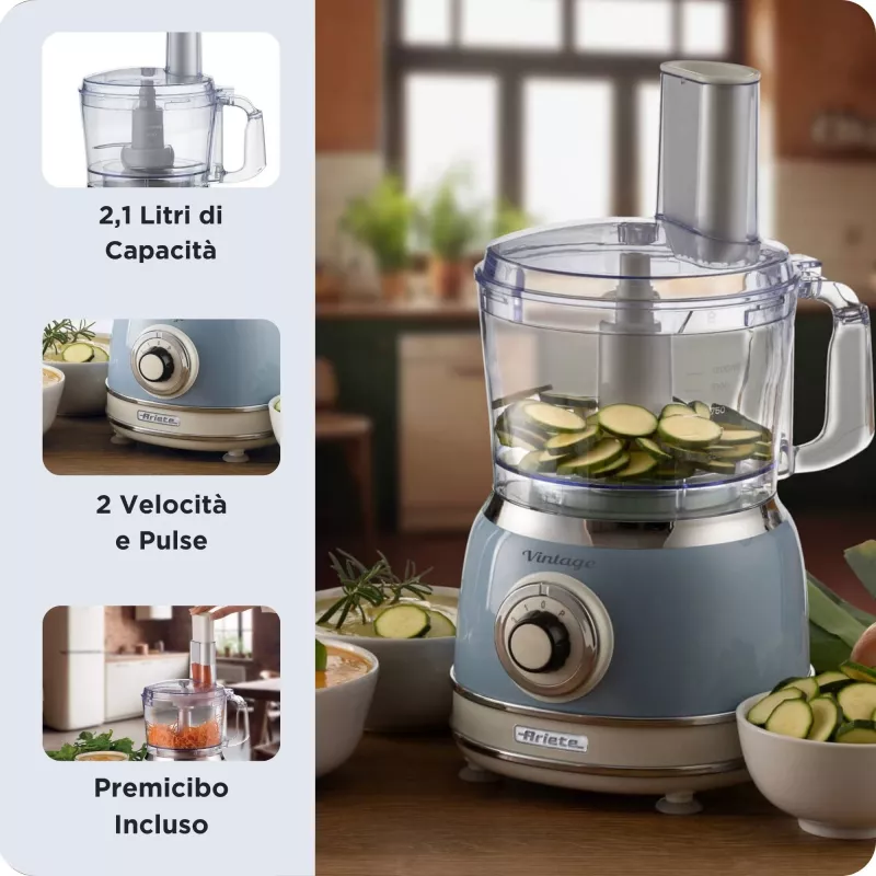 Virtuvinis kombainas ARIETE Vintage Line 1781/05 — 1000 W, 2,1 L dubuo, mėlynas