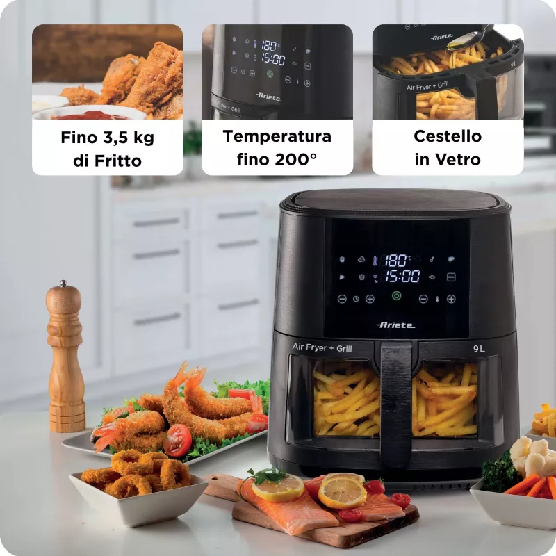Ariete 4630 Oro gruzdintuvė 9L, 1300W, talpa 9L, gaminimo talpa 2,5kg, 8 išankstinių programų, temperatūra iki 200°, skaidrus krepšelis, juoda