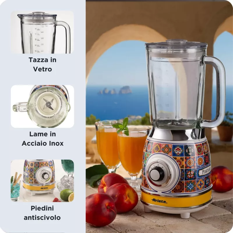 Ariete 583 Positano blenderis 1,5 l stiklinis indas, 4 nerūdijančio plieno peiliai, 4 greičiai + impulsas, 1000 W