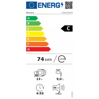Indaplovė Siemens iQ100 SN61HX01TE pilnai įmontuojama, 13 komplektų, 46 dB, 9 l/ciklas, energijos klasė C
