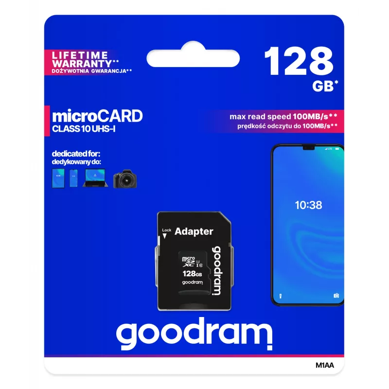 GOODRAM 128GB MicroSDXC UHS-I Class 10 atminties kortelė (skaitymas 100 MB/s, rašymas 10 MB/s) su SD adapteriu