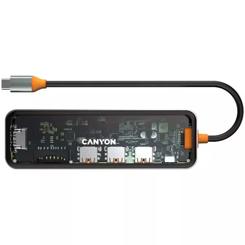 Canyon DS-13 CNS-TDS13 7-in-1 USB-C šakotuvas, 4K HDMI, 3x USB 3.0, USB-C PD 100W, SD/microSD skaitytuvas, permatomas Space Grey