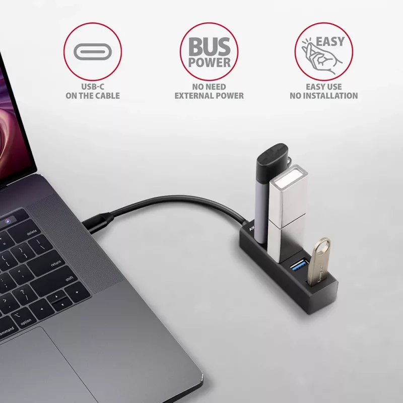 Axagon HUE-M1C 4x USB 3.2 Gen 1 MINI USB šakotuvas, metalinis, 20 cm USB-C laidas