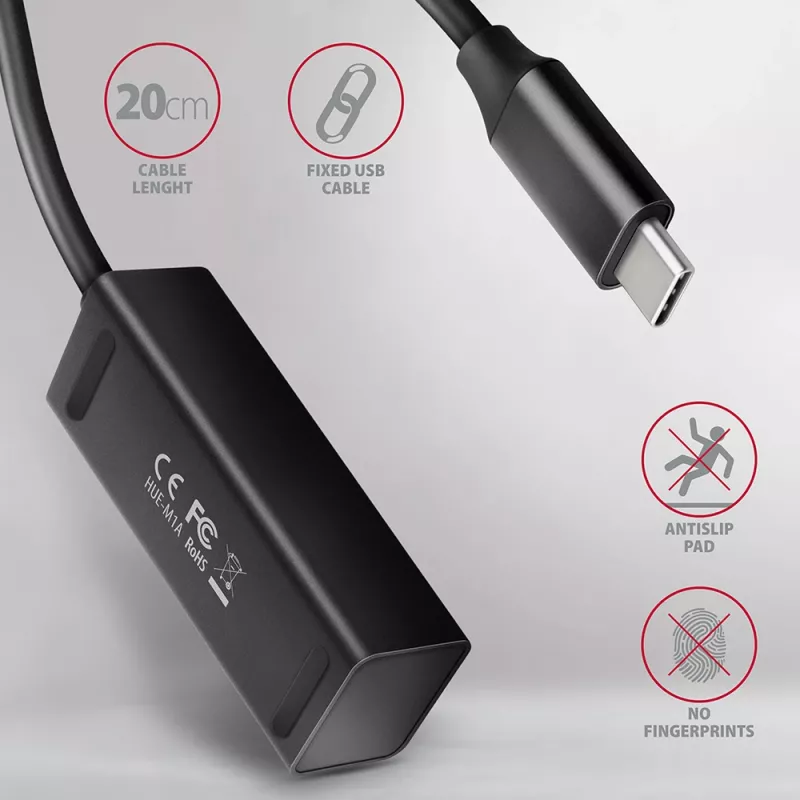 Axagon HUE-M1C 4x USB 3.2 Gen 1 MINI USB šakotuvas, metalinis, 20 cm USB-C laidas
