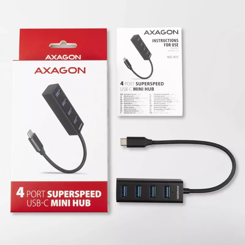 Axagon HUE-M1C 4x USB 3.2 Gen 1 MINI USB šakotuvas, metalinis, 20 cm USB-C laidas
