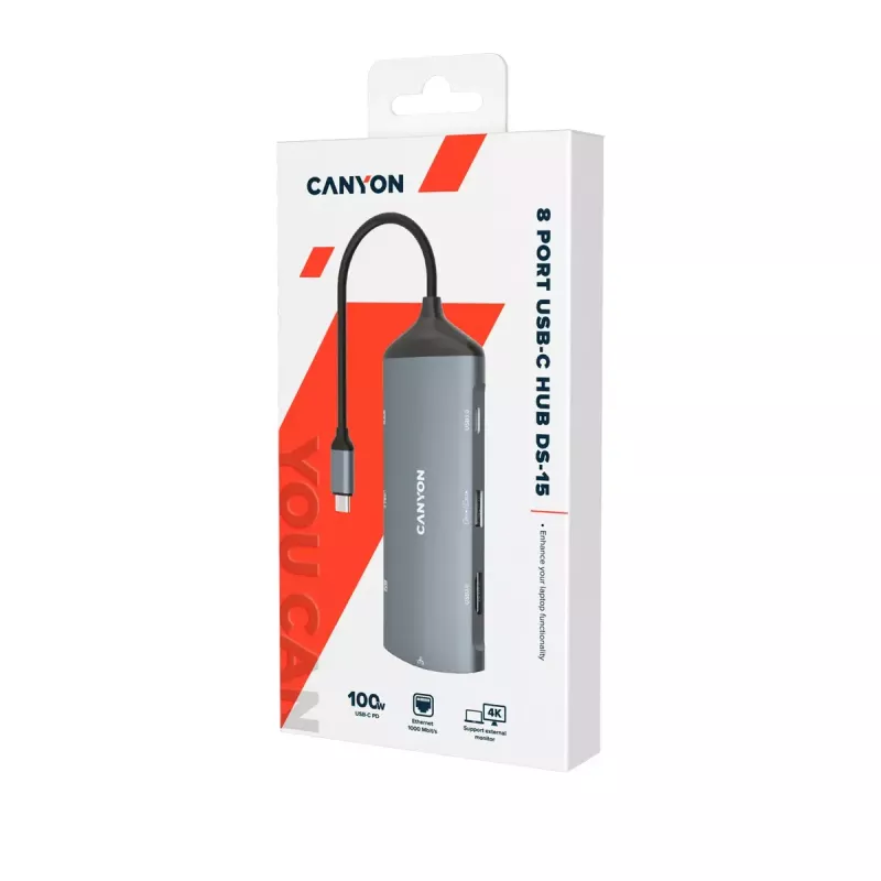 Canyon DS-15 USB 3.2 Gen 1 Type-C pilka 100W Power Delivery Ethernet 1Gbps