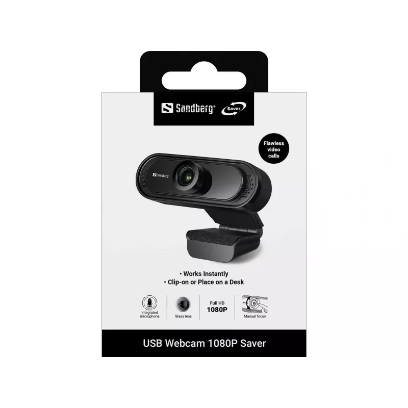 Sandberg USB Webcam 1080P Saver, 2 MP, Full HD, 30 fps, juoda