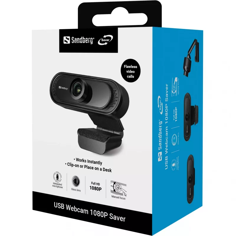 Sandberg USB Webcam 1080P Saver, 2 MP, Full HD, 30 fps, juoda