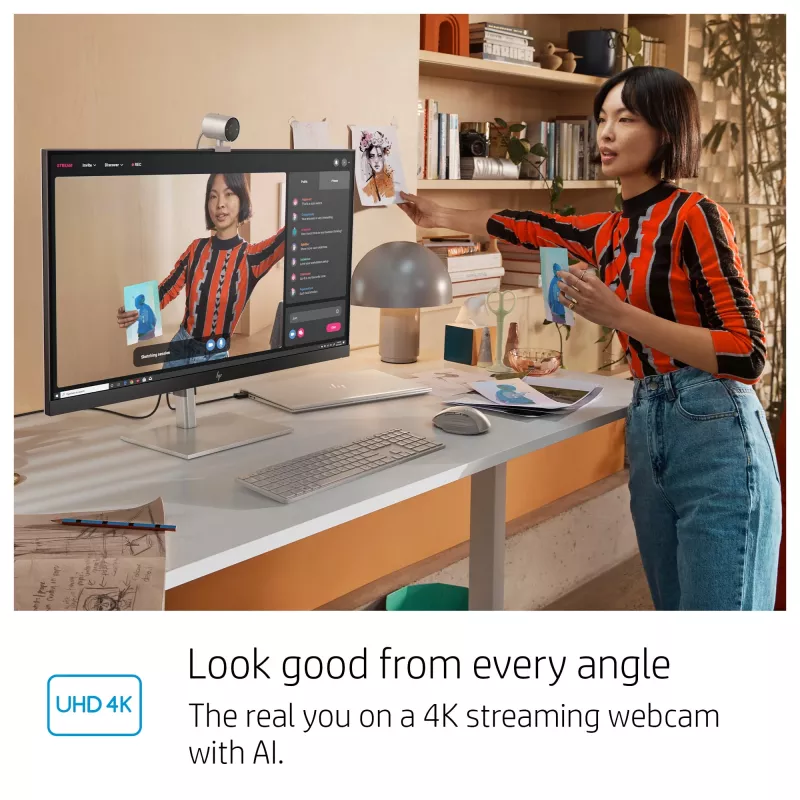HP 950 4K internetinė kamera, 3840 x 2160 pikselių, Full HD, 30 kadrų per sekundę, automatinis fokusavimas, automatinis apšvietimas