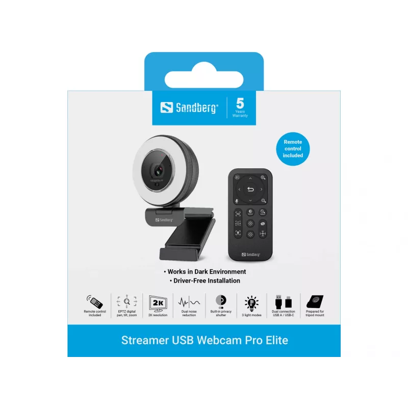 Sandberg Streamer USB Webcam Pro Elite 2560x1440 60fps Juoda