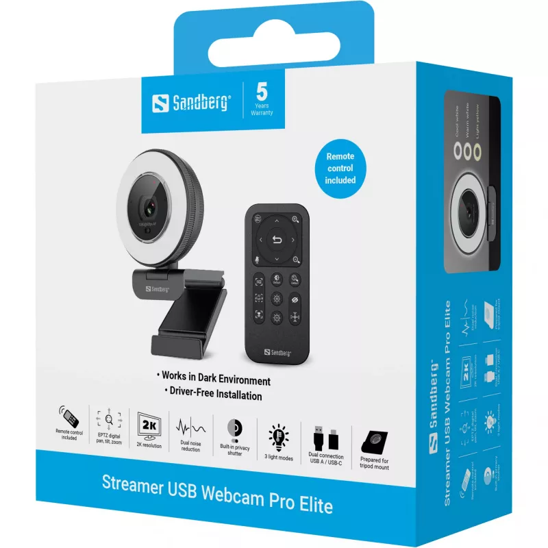 Sandberg Streamer USB Webcam Pro Elite 2560x1440 60fps Juoda
