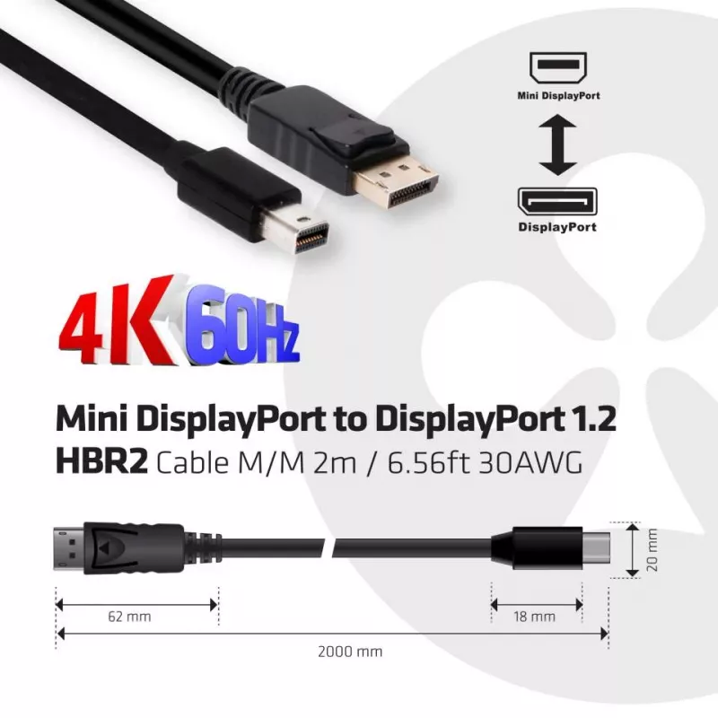 CLUB3D Mini DisplayPort į DisplayPort 1.2 M/M 2m/6.56ft 4K60Hz kabelis