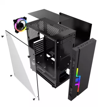 PC korpusas GEMBIRD Fornax 2000 RGB Midi Tower juodas — Micro ATX/ITX/ATX, 1x120 mm galinis ventiliatorius, 2x2,5 colio vietos, 2xUSB 3.0 A tipo, grūdintas stiklas