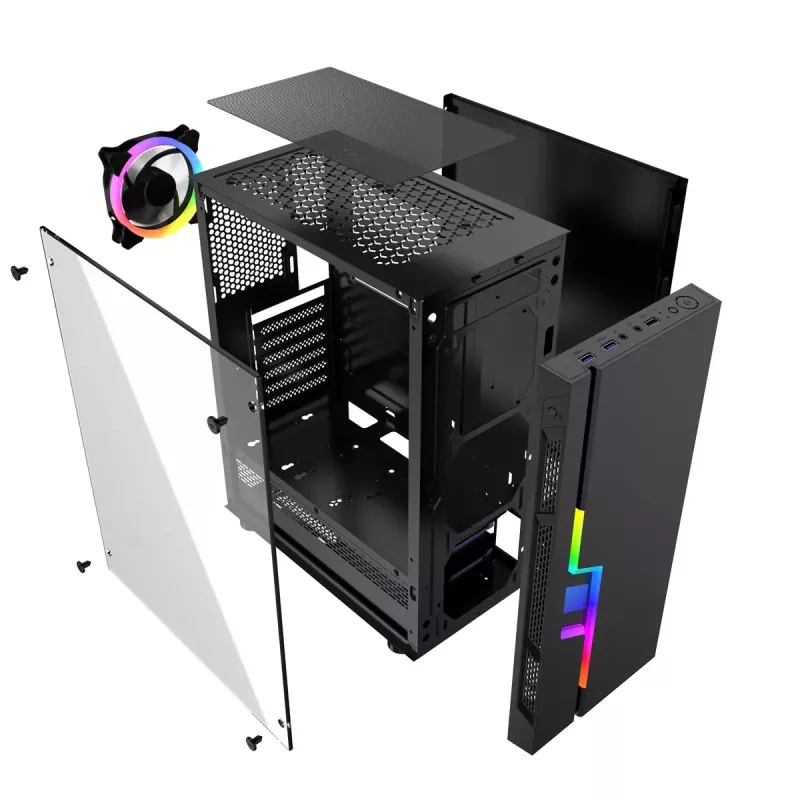 PC korpusas GEMBIRD Fornax 2000 RGB Midi Tower juodas — Micro ATX/ITX/ATX, 1x120 mm galinis ventiliatorius, 2x2,5 colio vietos, 2xUSB 3.0 A tipo, grūdintas stiklas
