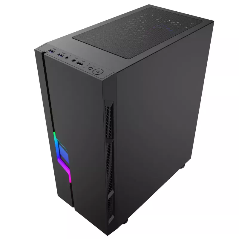 PC korpusas GEMBIRD Fornax 2000 RGB Midi Tower juodas — Micro ATX/ITX/ATX, 1x120 mm galinis ventiliatorius, 2x2,5 colio vietos, 2xUSB 3.0 A tipo, grūdintas stiklas