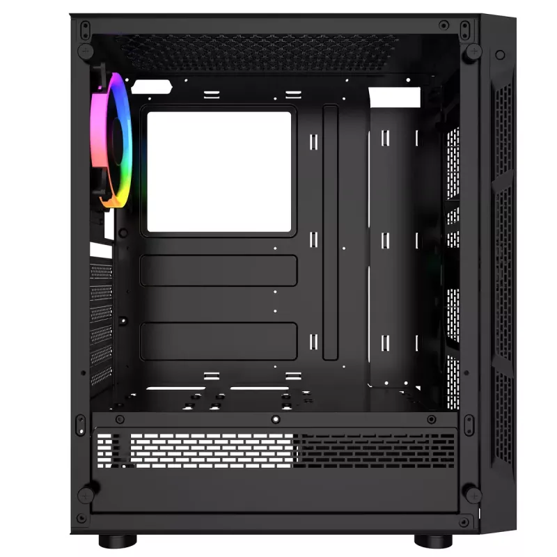 PC korpusas GEMBIRD Fornax 2000 RGB Midi Tower juodas — Micro ATX/ITX/ATX, 1x120 mm galinis ventiliatorius, 2x2,5 colio vietos, 2xUSB 3.0 A tipo, grūdintas stiklas