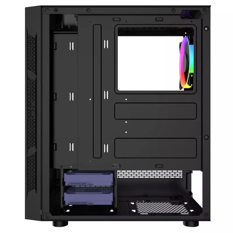 PC korpusas GEMBIRD Fornax 2000 RGB Midi Tower juodas — Micro ATX/ITX/ATX, 1x120 mm galinis ventiliatorius, 2x2,5 colio vietos, 2xUSB 3.0 A tipo, grūdintas stiklas