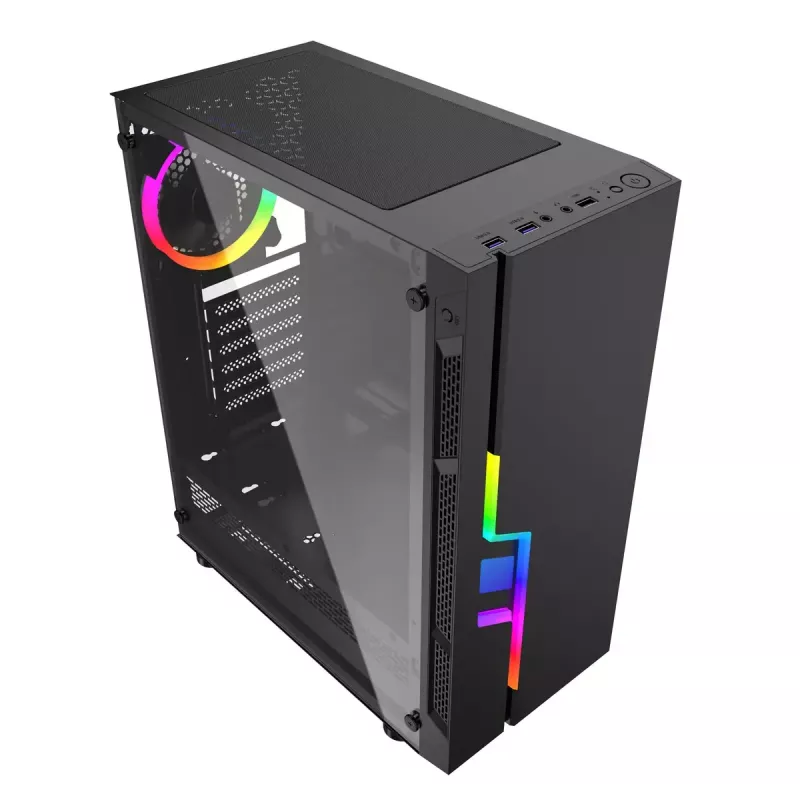 PC korpusas GEMBIRD Fornax 2000 RGB Midi Tower juodas — Micro ATX/ITX/ATX, 1x120 mm galinis ventiliatorius, 2x2,5 colio vietos, 2xUSB 3.0 A tipo, grūdintas stiklas