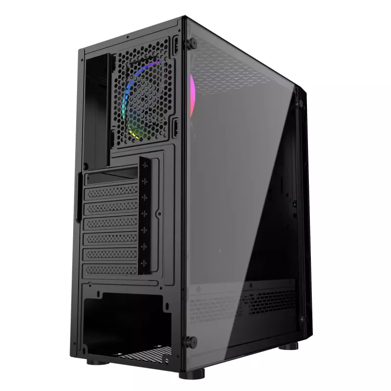 PC korpusas GEMBIRD Fornax 2000 RGB Midi Tower juodas — Micro ATX/ITX/ATX, 1x120 mm galinis ventiliatorius, 2x2,5 colio vietos, 2xUSB 3.0 A tipo, grūdintas stiklas