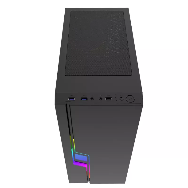 PC korpusas GEMBIRD Fornax 2000 RGB Midi Tower juodas — Micro ATX/ITX/ATX, 1x120 mm galinis ventiliatorius, 2x2,5 colio vietos, 2xUSB 3.0 A tipo, grūdintas stiklas